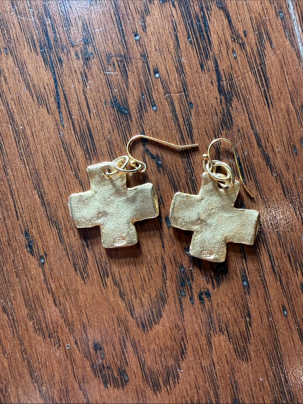 Gold Cross Drop Earrings with Hammered Texture